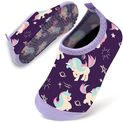 Abbildung von Badeschuhe Baby Kinder Wasserschuhe Schwimmschuhe Mädchen Strandschuhe Badesoken Kleinkind Aquaschuhe Barfuss Schuhe(Lila Einhorn,28/29)