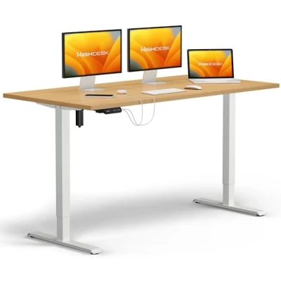 Abbildung von KRIEG HighDesk SMART Höhenverstellbarer Schreibtisch (Weiß + Buche I 120 x 80 cm) Elektrischer Sitz &amp; Stehtisch mit Tischplatte Stehschreibtisch Elektrisch Höhenverstellbar