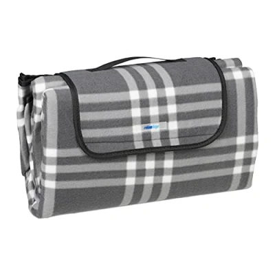 Abbildung von Relaxdays XXL Picknickdecke, 200 x cm, Fleece Stranddecke, wärmeisoliert, wasserdicht, mit Tragegriff, grau/weiß
