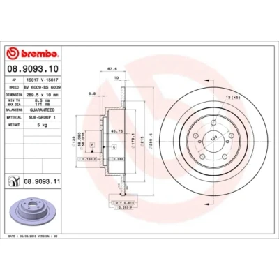 Abbildung von BREMBO COATED DISC LINE 08.9093.11 Bremsscheibe 290 10 5 voll beschichtet SUBARU: Outback II, Legacy 3 Kombi, Limousine