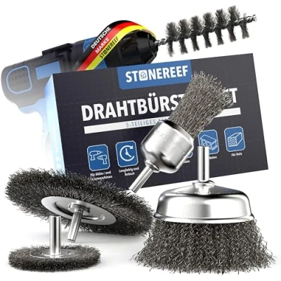 Abbildung von Drahtbürste 5er Set [6mm Rundschaft] Bohrmaschinen, Akkuschrauber Draht Aufsatz Universalaufsätze zur Oberflächenbearbeitung Ideal zum Entrosten und Abtragen von Farbe, Holz Metall