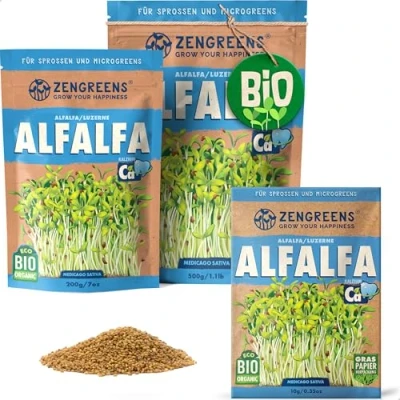Abbildung von ZenGreens® Bio Alfalfa Sprossen Samen Wähle zwischen 10g, 200g und 500g Keimrate von über 97% Luzerne Keimsprossen Ideal zum ziehen im Sprossenglas Microgreens…