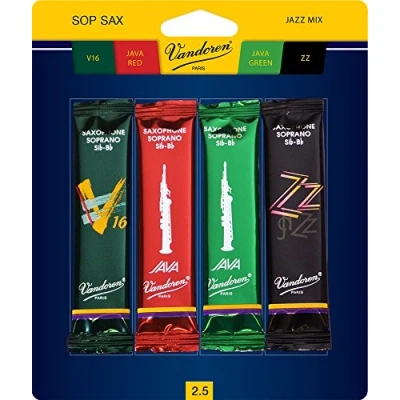 Abbildung von Vandoren SRMIXS25 Sopransaxophon Jazz Blätter Mix Karte enthält je 1 ZZ, V16, JAVA Green und Red Stärke 2,5