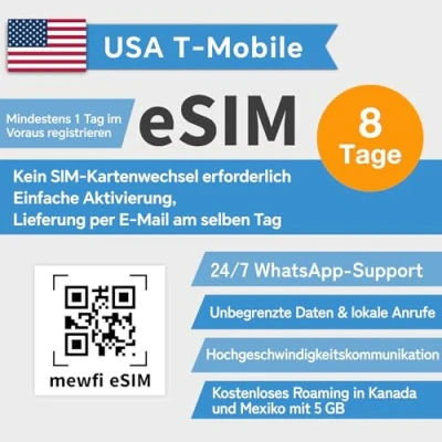 Abbildung von USA eSIM (USA, Mexiko, Kanada universal), unbegrenzte Internet Daten, T Mobile SIM, Geschwindigkeit US Prepaid Karte, Ortsgespräche und lokale Texte. (8 Tage)