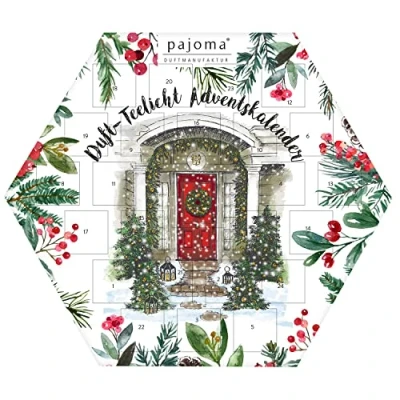 Abbildung von pajoma Duftkerzen Duftteelichte Teelicht Adventskalender sechseckig blau, 24 Teelichte in 6 versch. Sorten inkl. Teelichthalter