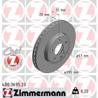 Abbildung von ZIMMERMANN COAT Z 400.3695.20 Bremsscheibe 295 28 6/5 5 112 innenbelüftet beschichtet hochgekohlt MERCEDES BENZ: B Klasse, A CLA Coupe