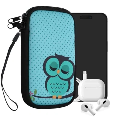 Abbildung von kwmobile Handytasche für Smartphones M 5,5&quot; Neopren Handy Tasche Hülle Cover Case Schutzhülle Eule Schlaf Türkis Braun Mintgrün 15,2 x 8,3 cm Innenmaße