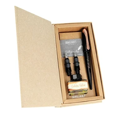 Abbildung von Online Kalligrafie Set Air Black Rose, Calligraphy Füller mit Konverter, breite Kalligraphie Federn in verschiedenen Strichstärken, Tintenglas Gold, Schönschreibfüller, Geschenkbox