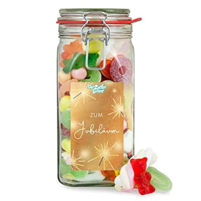 Abbildung von Süßigkeitenglas „zum Jubiläum“ originelles Geschenkglas mit Süßigkeiten, tolles Geschenk für Firmen Jubiläum, Hochzeitstag oder runden Geburtstag