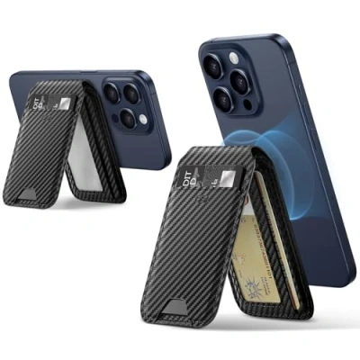 Abbildung von ESR HaloLock Wallet Ständer aus veganem Leder, kompatibel mit MagSafe Verstellbarer Ständer, iPhone 16/15/14/13/12 Serie, Nicht 13/12 Mini, Schwarze Kohlefaser