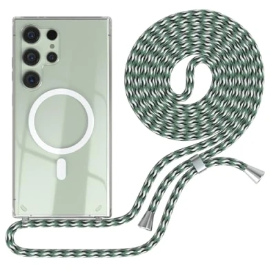 Abbildung von EAZY CASE Handykette kompatibel mit Samsung Galaxy S24 Ultra Kette zum Umhängen Stoßfest Handyhülle für Silikon Hülle Band Transparent Hell Grün Camouflage Clips Silber