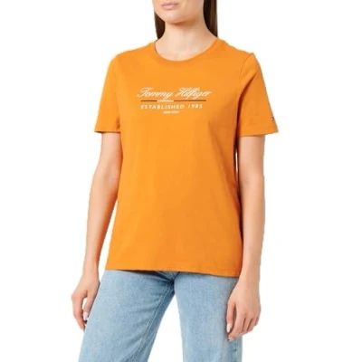 Abbildung von Tommy Hilfiger REG Script Graphic C NK SS Langarmhemd Damen, Orange (Autumn Orange), XS