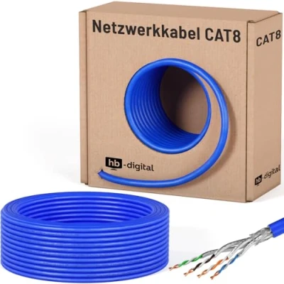Abbildung von HB DIGITAL 25m CAT 8 Netzwerkkabel LAN Kabel Verlegekabel Ethernet Installationskabel 40 Gbit/s AWG 22/1 reines Kupfer S/FTP LSZH BauPVO Klasse B2ca Datenkabel Simplex Blau