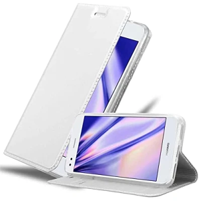 Abbildung von Cadorabo Hülle kompatibel mit Huawei Y6 PRO 2017 aus Premium Kunst Leder Flip Klappbare Stoßfeste Magnetische [Standfunktion] [Kartenfächern] Cover für Tasche in Silber