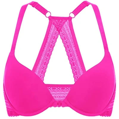 Abbildung von DOBREVA Damen Vorderverschluss Push Up BH mit Bügel Soft T Shirt Tiefen Ausschnitt BHS Neckholder Gepolsterter Glitzer Rosa 85B