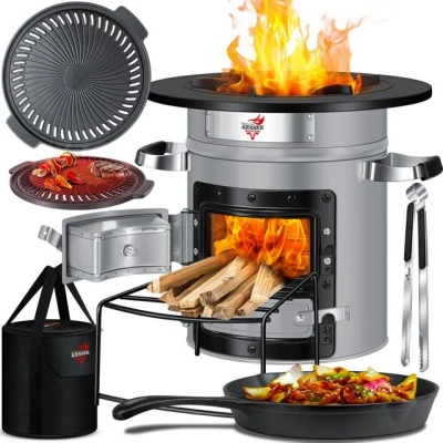 Abbildung von KESSER® Raketenofen inkl. Grillpfanne aus Gusseisen, Grillplatte, Grillzange &amp; Tragetasche Dutch Oven BBQ Rakete Holzofen Camping Outdoor Campingkocher Campinggrill Edelstahl Grau
