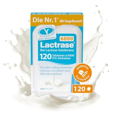 Abbildung von pro natura Lactrase 6000 120 Lactase Tabletten bei Lactose Intoleranz, für den unbeschwerten Genuss von Milch und Milchprodukten
