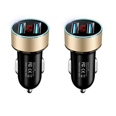 Abbildung von Olakey 2 Pack Kfz USB Ladegerät mit Voltmeter Anzeige 3.1A 12V / 24V Dual Adapter Port Ladeadapter (Gold), JMG JS2