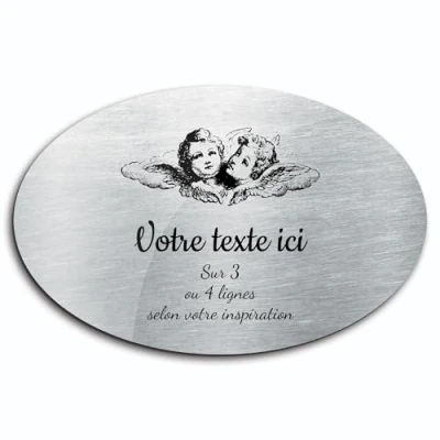 Abbildung von Gedenktafel mit Gravur, Motiv Zwei Engelsköpfe, selbstklebend, ovales Modell (20 x 13 cm), personalisierbar, 1 bis 3 Zeilen, gebürstetes Aluminium