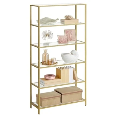 Abbildung von VASAGLE Regal mit 6 Ablagen, Badregal, gehärtetes Glas, einfache Montage, für Badezimmer, Wohnzimmer, Küche, Büro, transparent metallisches Gold LGT503A01