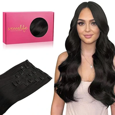 Abbildung von WENNALIFE Clip in Extensions Echthaar, 35cm 14 Zoll 120g 7pcs Natürliches Schwarz Hair Echthaar Remy Haarverlängerung Natürliche