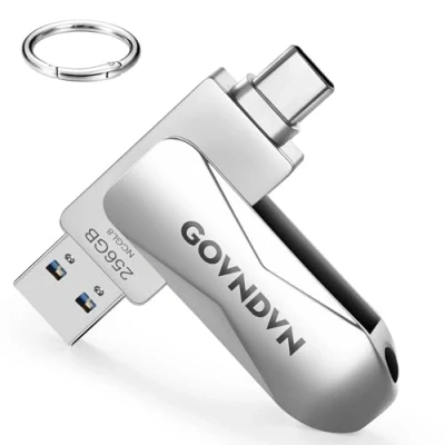 Abbildung von GOVNDVN USB Stick für iPhone 15, 256GB C Sticks mit Typ &amp; 3.0 Flash Laufwerk, Speicherstick Fotostick Externe Festplatte 15/iPad/PC/Mac/Android(360 Drehung, 256GB)