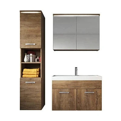 Abbildung von Badezimmer Badmöbel Set Paso LED 80cm Waschbecken Braun Eiche Unterschrank Hochschrank Spiegelschrank