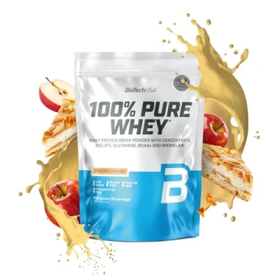 Abbildung von BioTechUSA 100% Pure Whey Proteinpulver mit BCAA und Glutamin Glutenfrei, Palmölfrei 21g Protein pro Portion, 454 g, Apfelkuchen