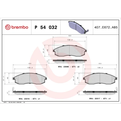 Abbildung von BREMBO P 54 032 Bremsbelagsatz mit akustischer Verschleißwarnung ohne Zubehör MITSUBISHI: L200 III Pickup, NISSAN: MAXIMA IV QX Limousine, 2