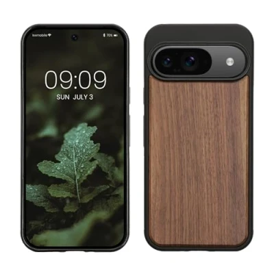 Abbildung von kwmobile Hülle kompatibel mit Google Pixel 9 / Pro Holz Case stoßfestes Handy Cover TPU Handyhülle in Dunkelbraun