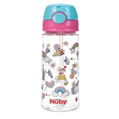 Abbildung von Nuby Trinkbecher aus Tritan mit weichem Trinkhalm und Drückknopf Trinkhalmflasche für Kinder Trinkflasche / Becher 540 ml Rosa BPA FREI 4+ Jahre