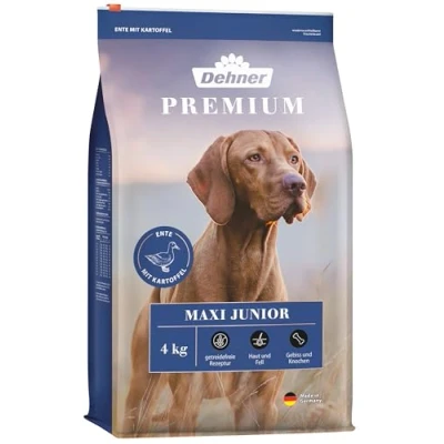 Abbildung von Dehner Premium Hundefutter Maxi Junior, Trockenfutter getreidefrei, für Welpen und junge Hunde großer Rassen, Ente / Lamm Kartoffel, 4 kg