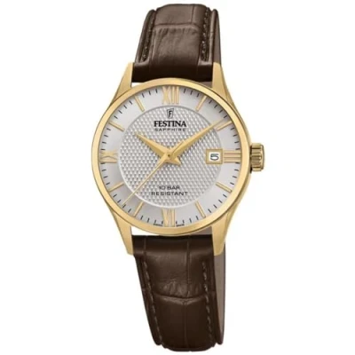 Abbildung von Festina Uhr Für Damen F20011/2 Swiss Made Gold Edelstahl Case BraunLeder Band