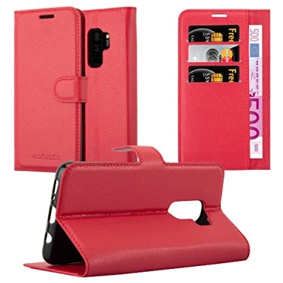 Abbildung von Cadorabo Hülle kompatibel mit Samsung Galaxy S9 Plus Handyhülle aus Kunst Leder Flip Klappbare Stoßfeste Magnetische [Standfunktion] [Kartenfächern] Cover für Tasche in Rot