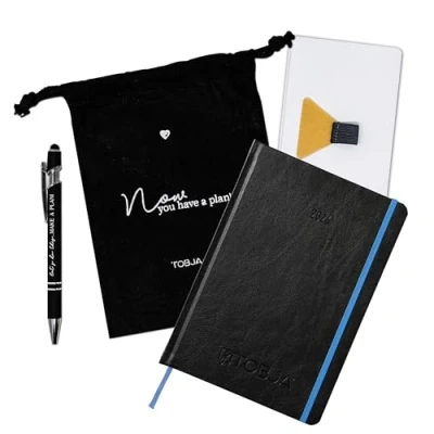 Abbildung von TOBJA Terminplaner 2025 A5 Set Buchkalender 2025, Froschtasche, Pen Loop, Touchscreen Kugelschreiber, Stoffbeutel (Nero +Zubehör)