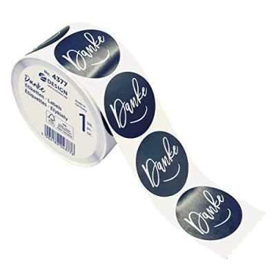 Abbildung von AVERY Zweckform 600 Aufkleber Danke (Made in Germany, Ø38 mm, nachtblaue Geschenkaufkleber weiße Schrift, selbstklebende Geschenkdeko, Karten, Tüten, Gutscheine) Sticker auf Rolle, 4377