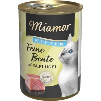 Abbildung von MIAMOR Feine Beute Kitten Nassfutter für ausgewachsene Katzen mit 7 Sorten Fleisch und Innereien. Getreidefreies Alleinfutter Taurin in der Dose ohne Zusätze 12x400g Geflügel