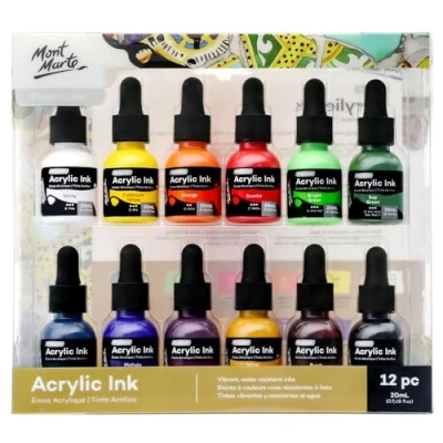 Abbildung von Mont Marte Acrylfarbe Acryl Tinte Color Ink, 6 / 12 Neon x 20 ml,leuchtende Farben, wasserfest nach dem Trocknen, vielseitig einsetzbar für feine Details