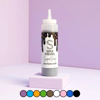Abbildung von Super Drip Schwarz Kuchenglasur Cake Melts Schokolade 300g Glasur für Kuchen Kekse Plätzchen Eis Muffin Torten uvm. Flasche Icing Dekoration (Schwarz)