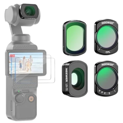 Abbildung von NEEWER ND Filter Set Magnetisches Graufilter, kompatibel mit DJI Osmo Pocket 3 Creator Combo Zubehör, variables ND2 32 Black Diffusion 1/4 CPL Polfilter 0,72x Weitwinkel Objektiv 2 Displayschutzfolien