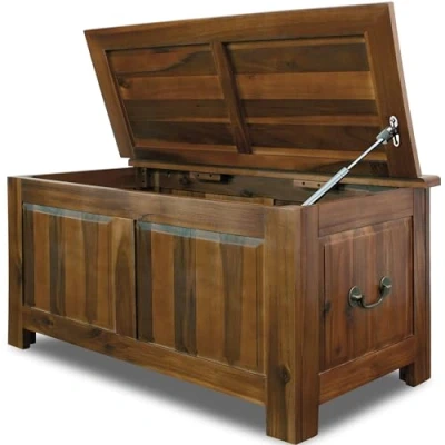 Abbildung von CASARIA® Holztruhe mit Deckel Groß 103L Volumen Sitzbank Stauraum 160kg belastbar Holz Akazie Flur Schatztruhe Truhe Schatzkiste Kolonialstil Braun
