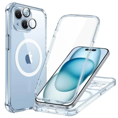 Abbildung von ESR für iPhone 15 Hülle, Kompatibel mit MagSafe, 360 Grad Schutzhülle Stoßfest Militärnorm Magnetische Handyhülle Kameraschutz, Klares Blau