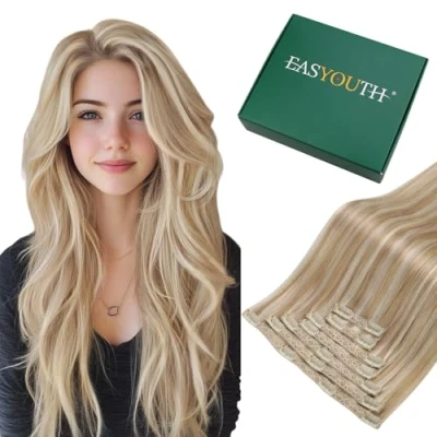 Abbildung von Easyouth Clip in Extensions Echthaar Honigblond Mischung Gelbblond Remy Haarverlangerung Blond Hihglighted 45 cm 7Pcs 120g #27P613