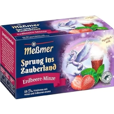 Abbildung von Meßmer Sprung ins Zauberland Erbeere Minze 18 Teebeutel Glutenfrei Laktosefrei Vegan