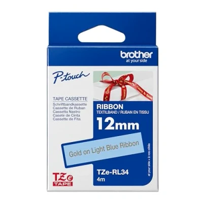 Abbildung von Original Brother textiles Schriftband TZe RL34 gold auf hellblau 12 mm breit, 4 m lang (u.a. für P touch H200, H100LB/R, H105, E100/VP, D200/BW/VP, D210/VP,Cube, Cube Plus)