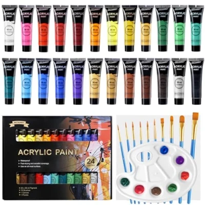 Abbildung von ARTKUNST Acrylfarben Set, 24 x 36 ML Acrylfarbenset mit 10 Pinseln für Leinwand Holz Papier Keramik, wasserdichte Acrylfarbe Lebendiger Farbe Künstler, Anfänger, Kinder