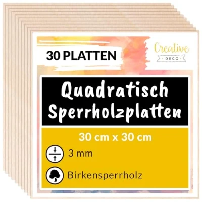 Abbildung von Creative Deco Bastelnaturmaterial Quadratische 3mm Sperrholzplatte 30x30 cm, (30 tlg)