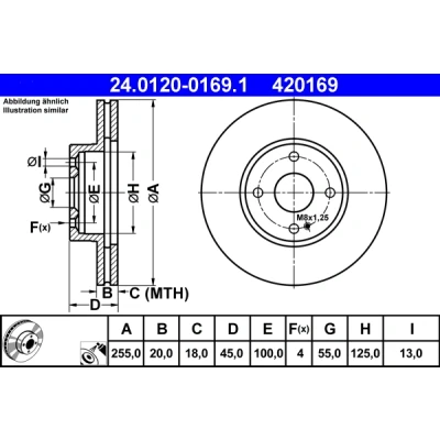 Abbildung von ATE 24.0120 0169.1 Bremsscheibe 255,0 20,0 4 100,0 Belüftet beschichtet MAZDA: MX 5 I, 2
