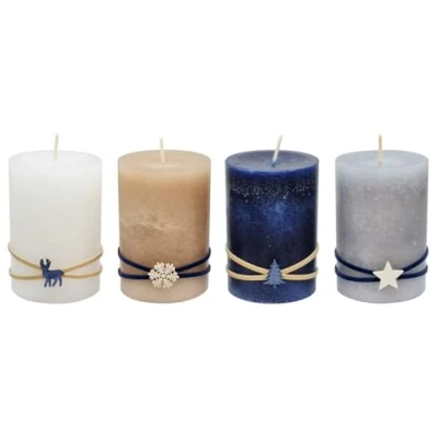 Abbildung von ZauberDeko Adventskerzen Stumpenkerzen Blau Grau Beige Schneeflocke Hirsch Baum Stern Adventskranz Weihnachten Deko 9x6cm 4 Stück