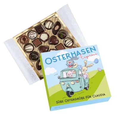 Abbildung von Herz &amp; Heim® Lindt Pralinen 100g Osterhasen Express mit Wunschtext personalisiert
